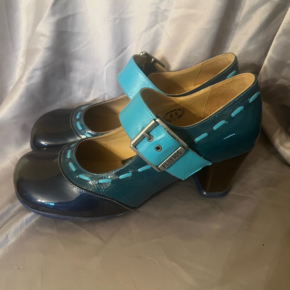John Fluevog Patent Blue Dr. Henry Size 8.5